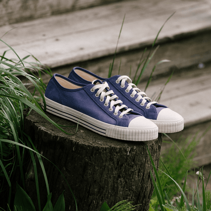Blue low-top sneakers with white soles on a wooden stump surrounded by grass.