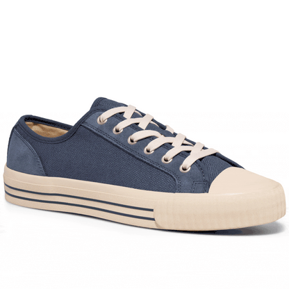 Blue low-top sneaker rotating gif showing different angles of the sneaker.