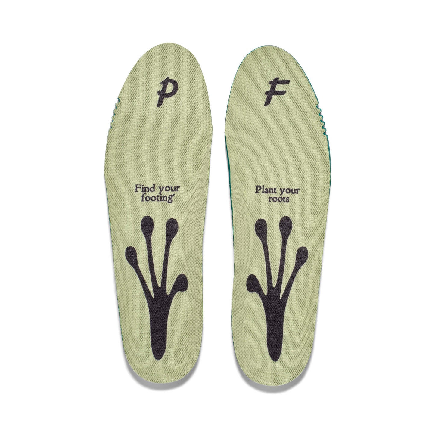 Pair of green shoe insoles on a white background, featuring a frog foot silhouette and the phrases “Find your footing” and “Plant your roots” printed on them.