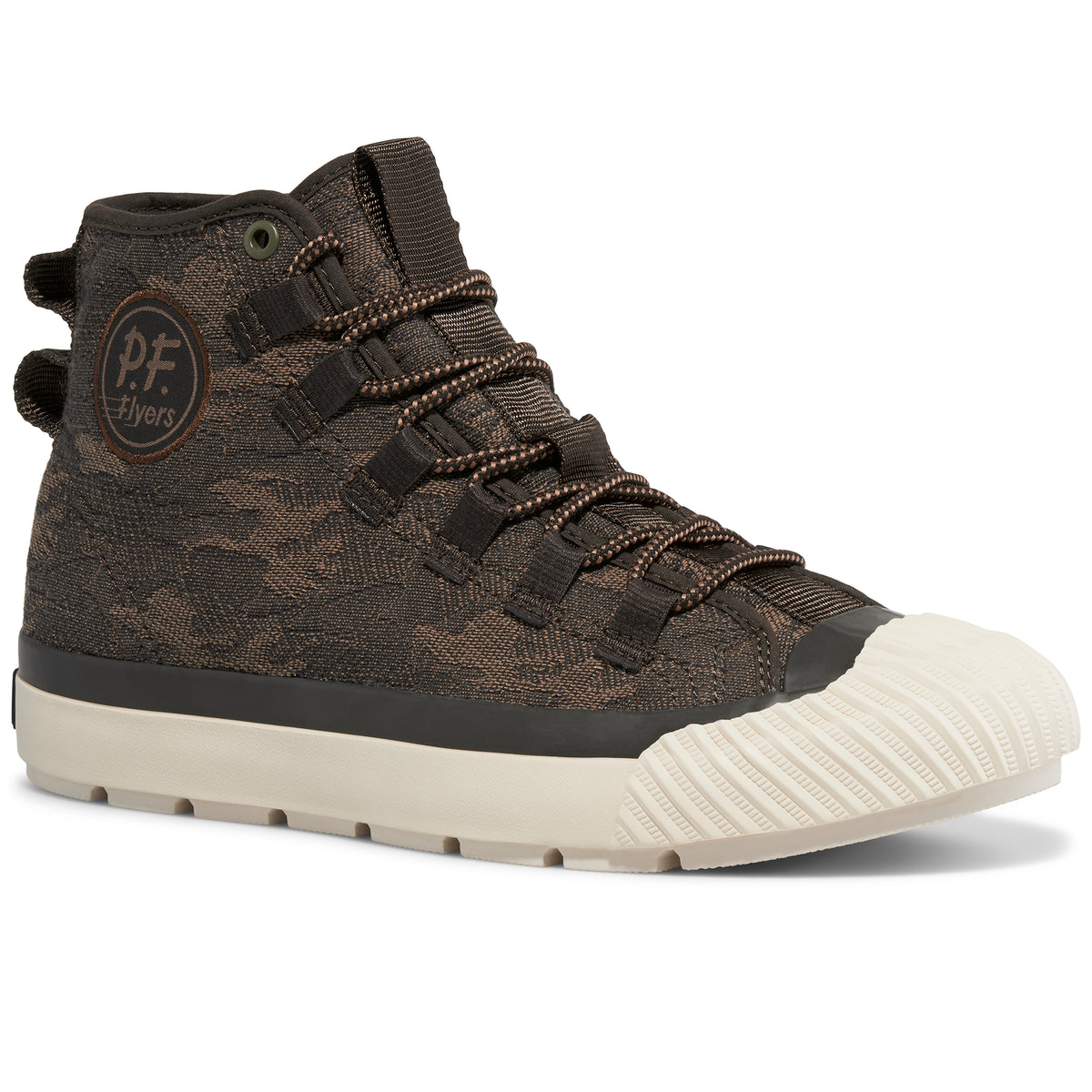 A brown camo-patterned high-top sneaker shown on a white background.