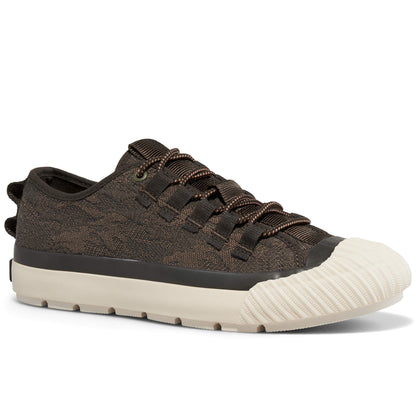 A brown camo-patterned low-top sneaker shown on a white background.