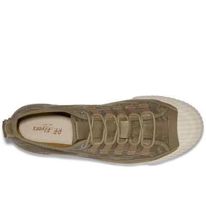 Top-down view of a tan camo-patterned low-top sneaker on a white background.