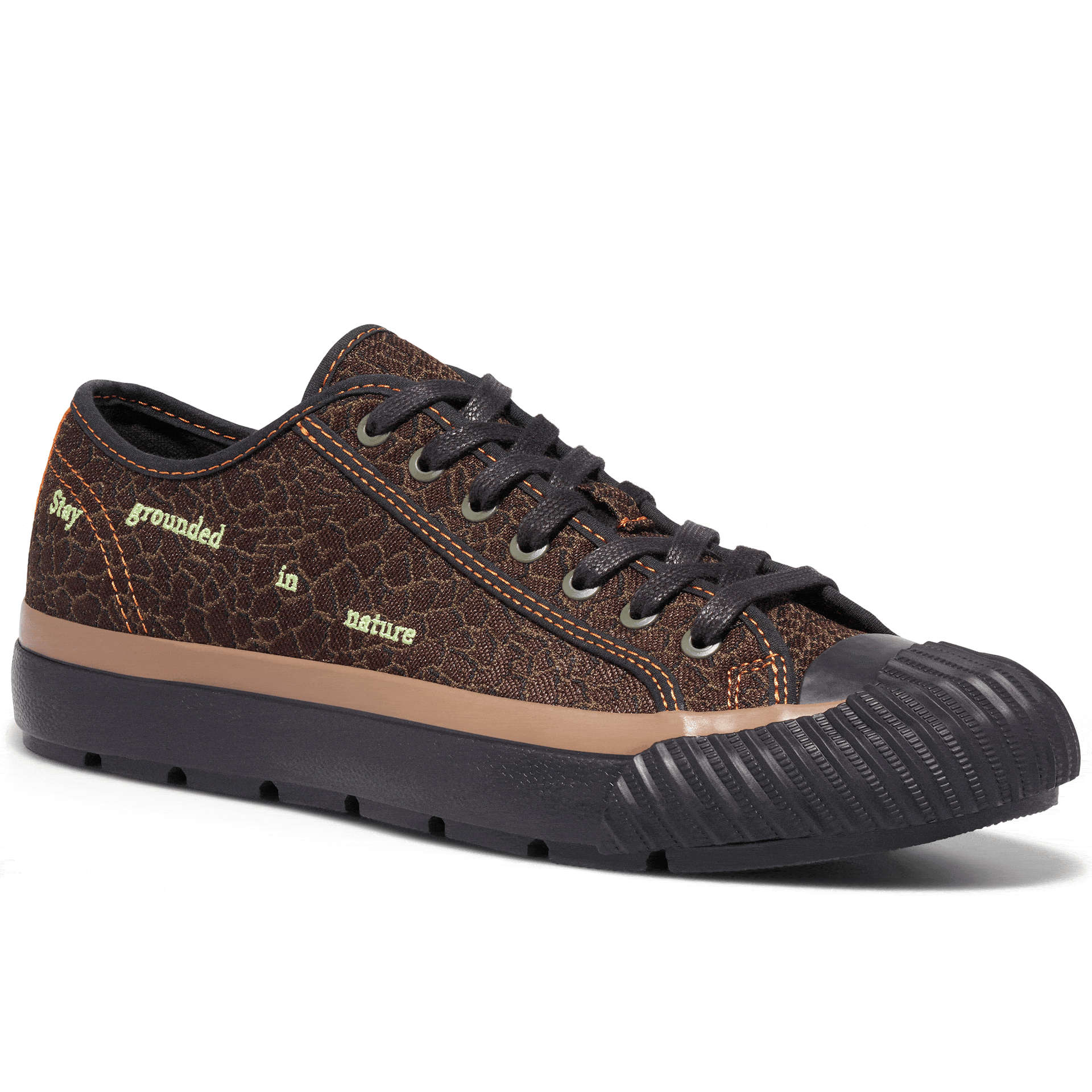 Brown low-top sneaker rotating gif showing different angles of the sneaker.