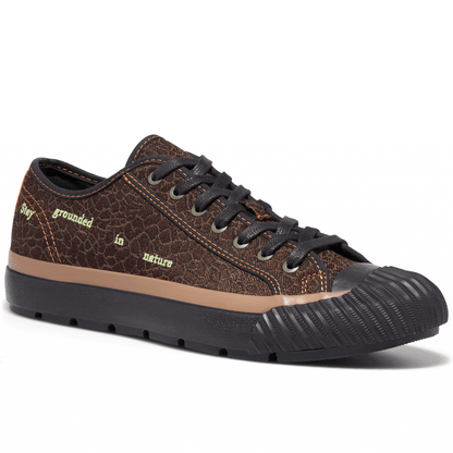 Brown low-top sneaker rotating gif showing different angles of the sneaker.