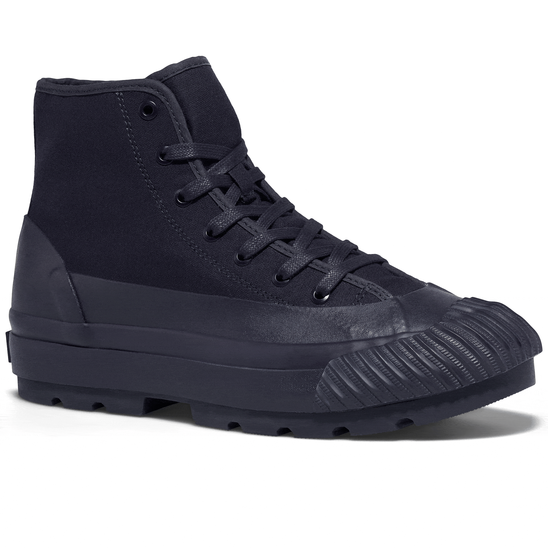 Rotating gif showing different angles of a dark navy blue high-top sneaker with a lugged rubber outsole.