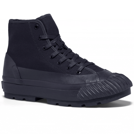 Rotating gif showing different angles of a dark navy blue high-top sneaker with a lugged rubber outsole. alternate view
