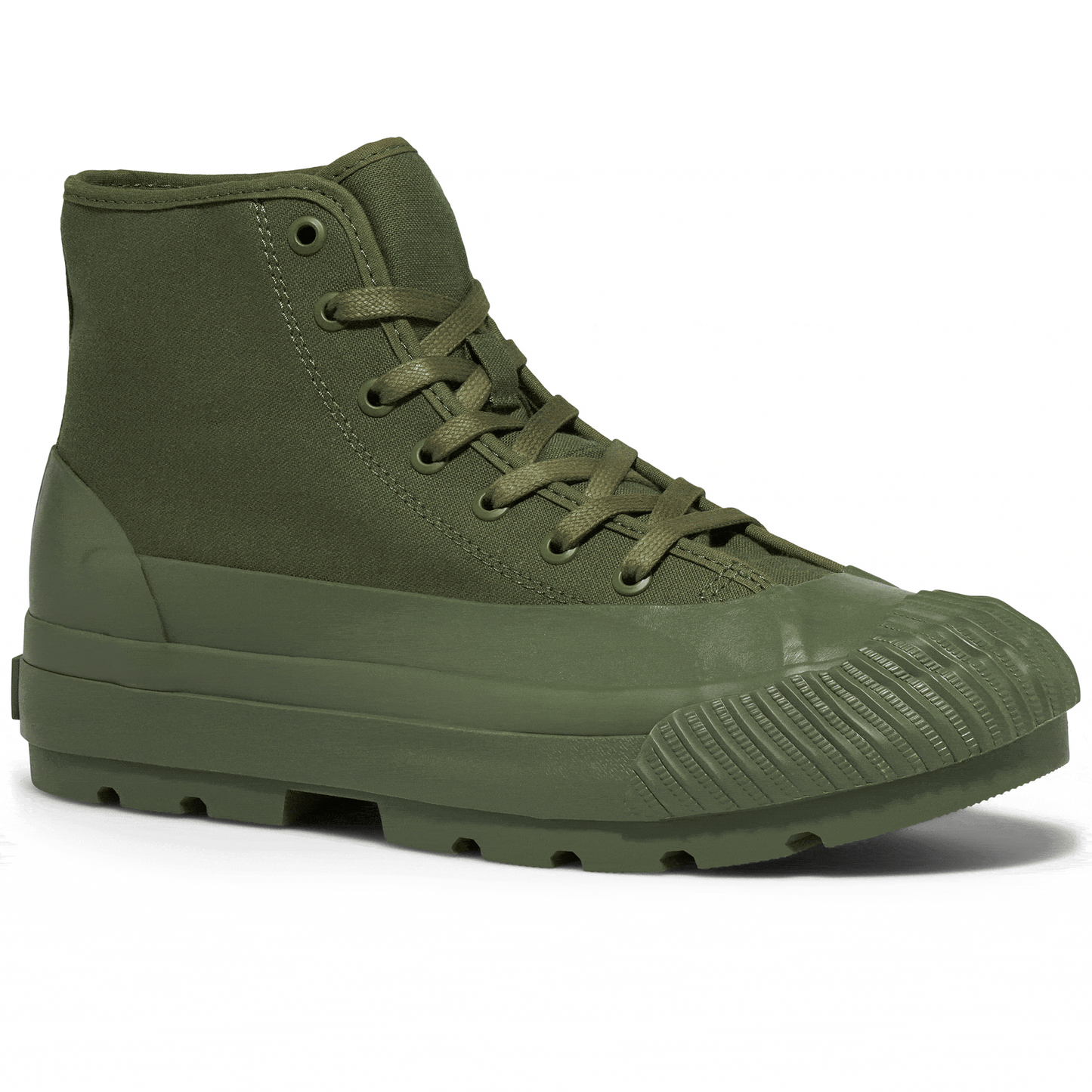 Rotating gif showing different angles of an olive green high-top sneaker with a lugged rubber outsole.