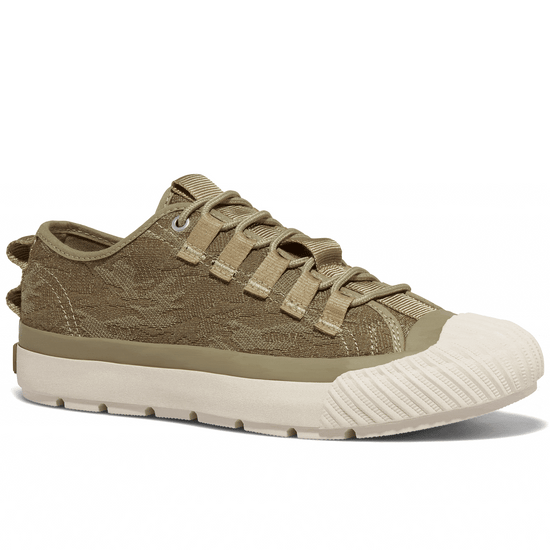 Rotating gif showing different angles of a tan camo-patterned low-top sneaker. alternate view