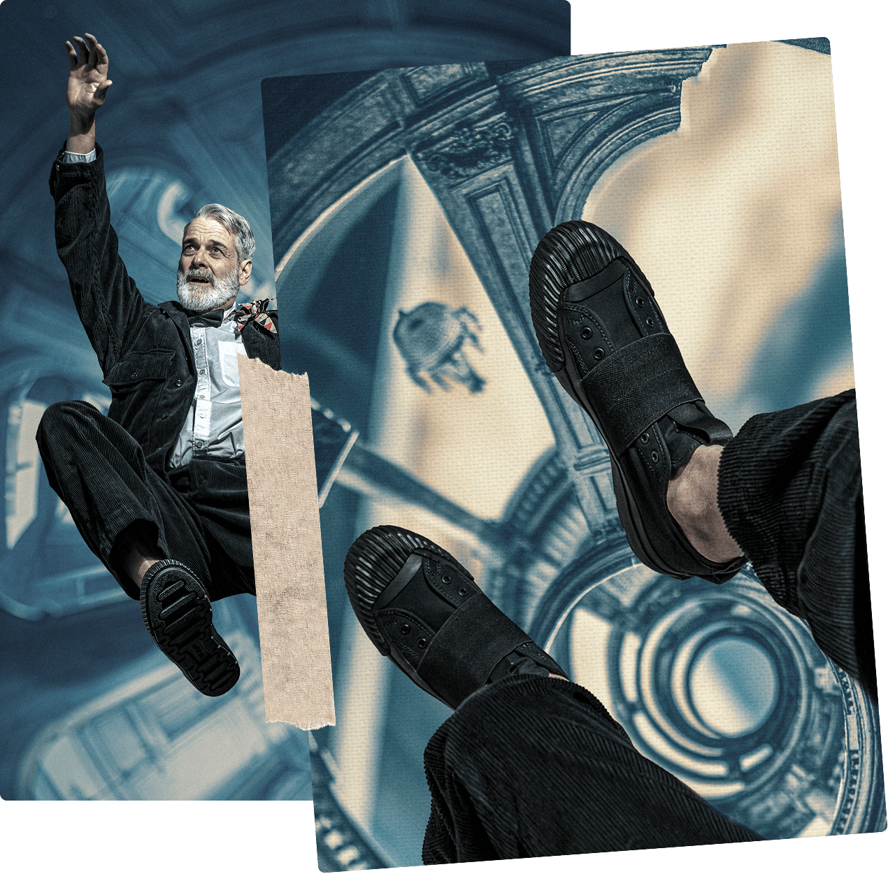 Man in formal attire with a close-up of black shoes against a decorative background