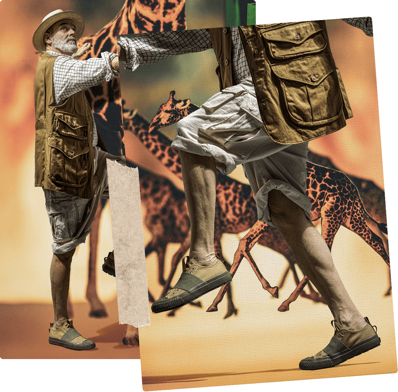 Collage of a person in safari attire with giraffes in the background
