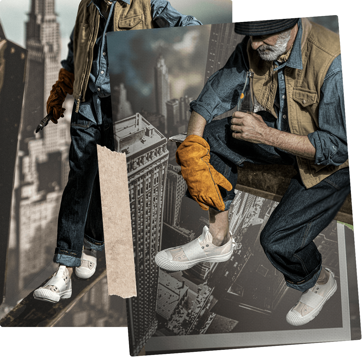 Collage of a person in work attire with a cityscape background