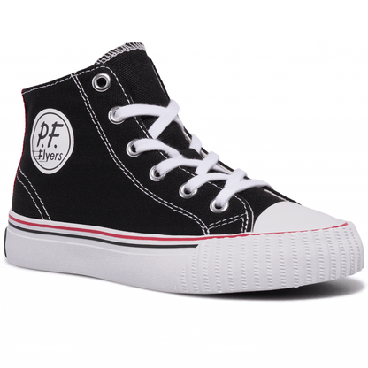 Rotating gif showing different angles of a kids' black-and-white high-top sneaker.