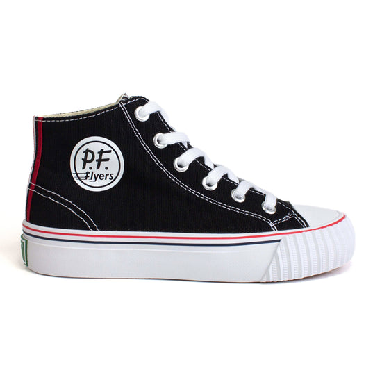 Kids' black high-top sneaker with white midsoles and red accents shown on a white background.
