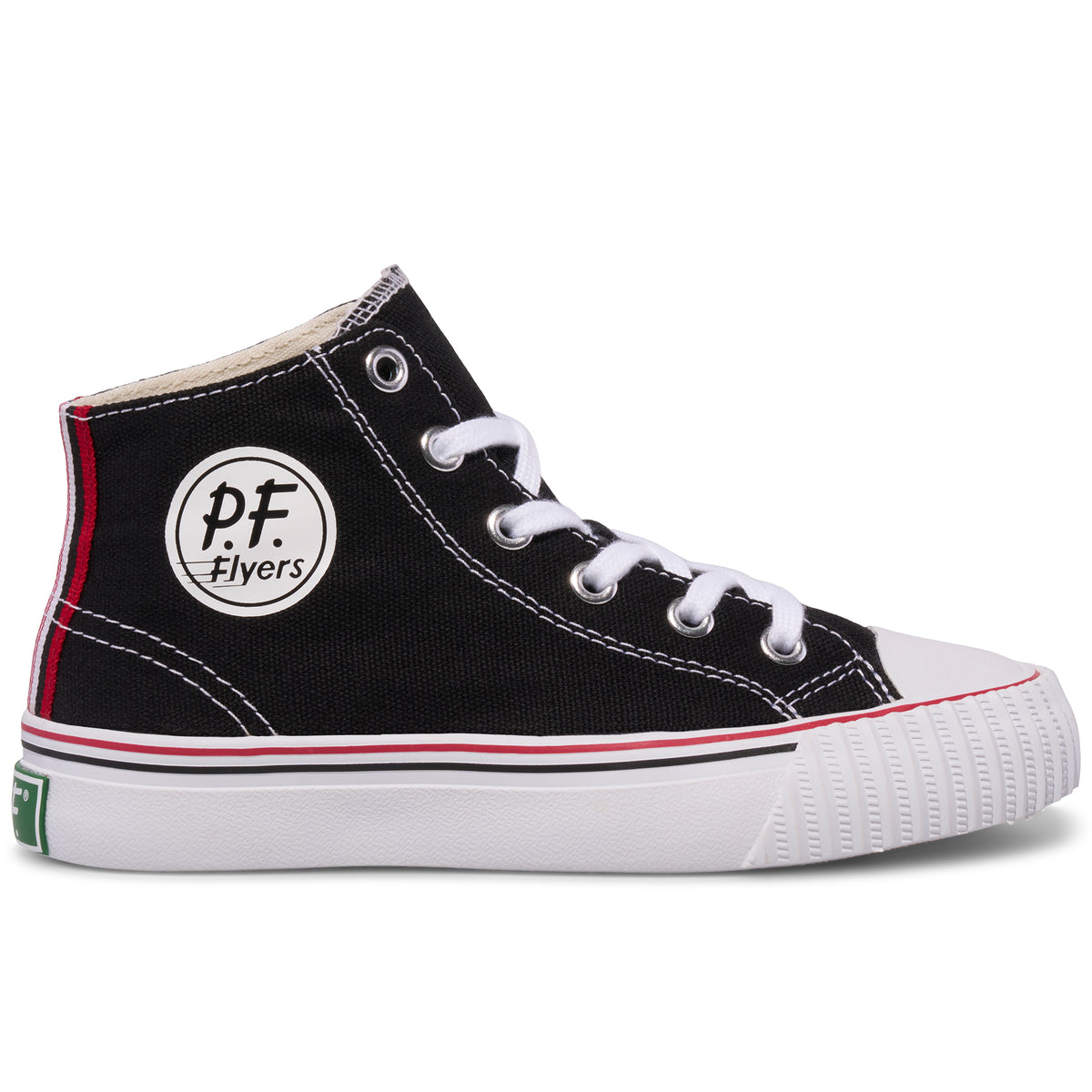 Kids' black high-top sneaker with white midsoles and red accents shown on a white background.