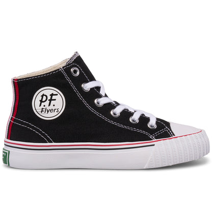 Kids' black high-top sneaker with white midsoles and red accents shown on a white background.
