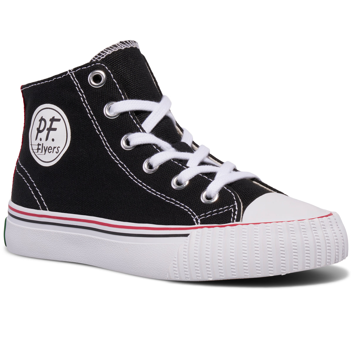 Kids' black high-top sneaker with white midsoles and red accents shown on a white background.