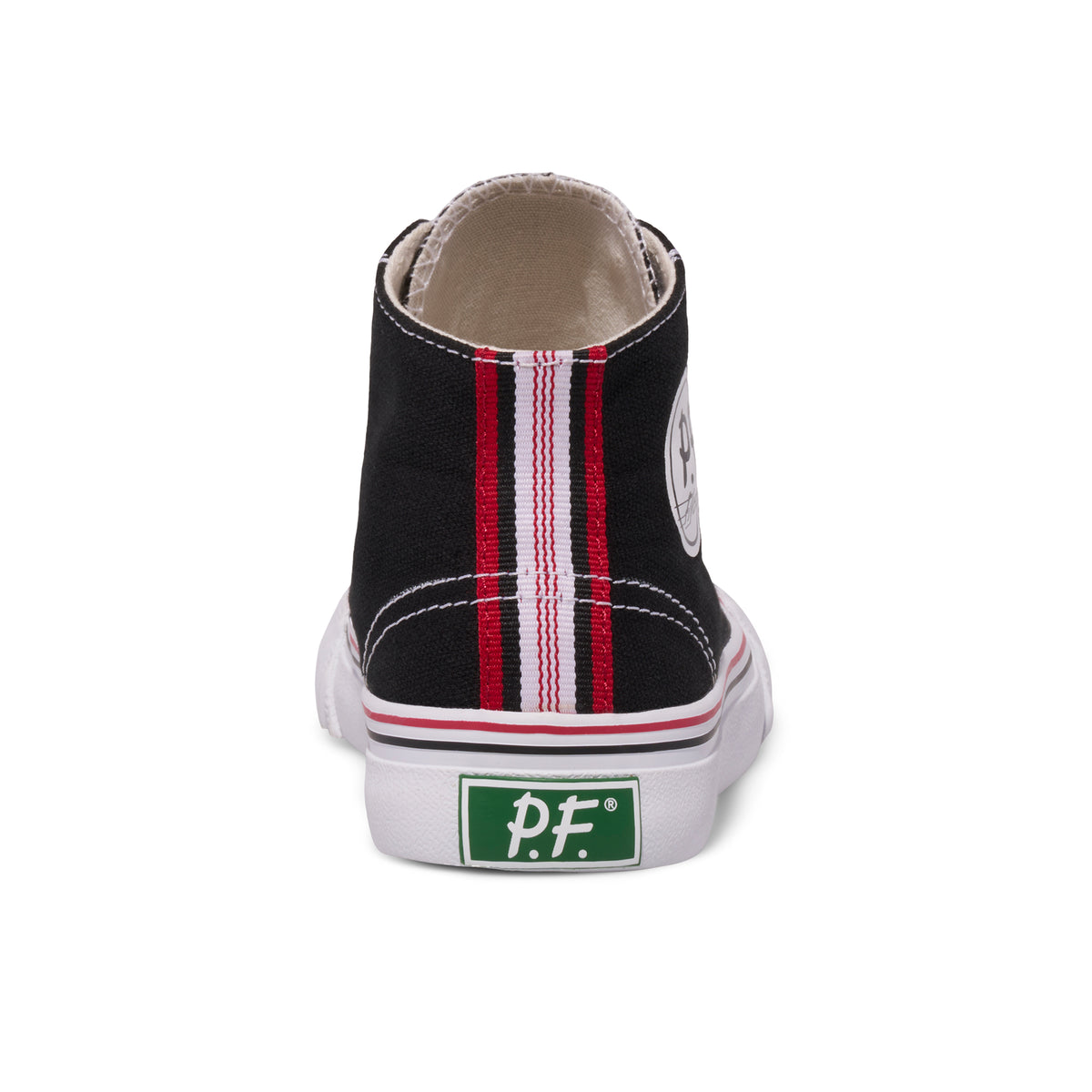 Kids' black high-top sneaker with white midsoles and red accents shown on a white background.