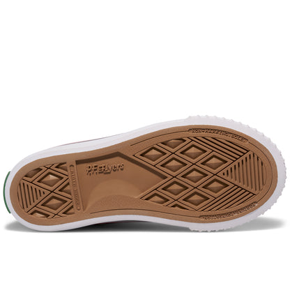 Brown sole of a kids' black-and-white high-top sneaker, shown on a white background.