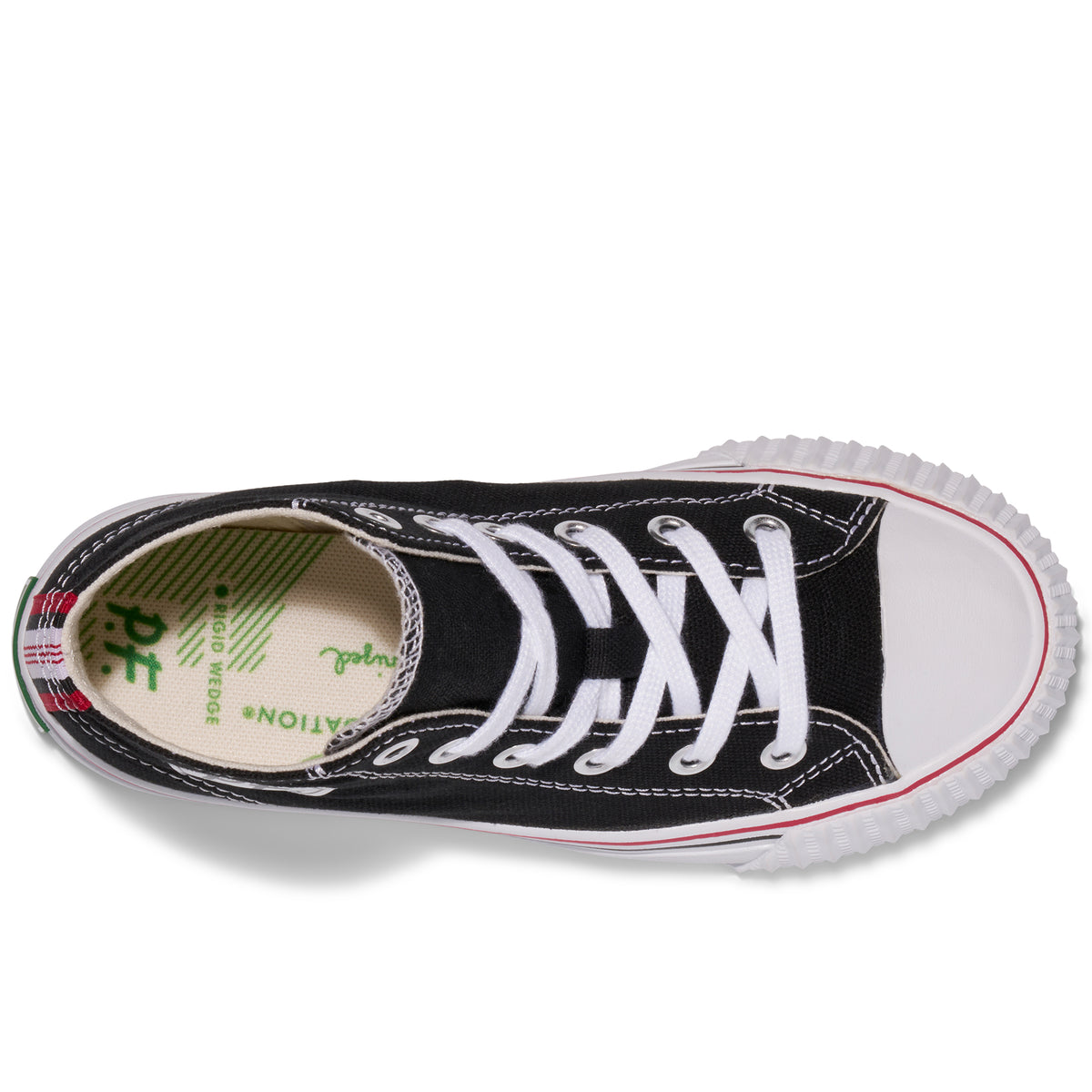 Top-down view of a kids' black-and-white high-top sneaker, shown on a white background.