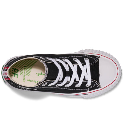 Top-down view of a kids' black-and-white high-top sneaker, shown on a white background.