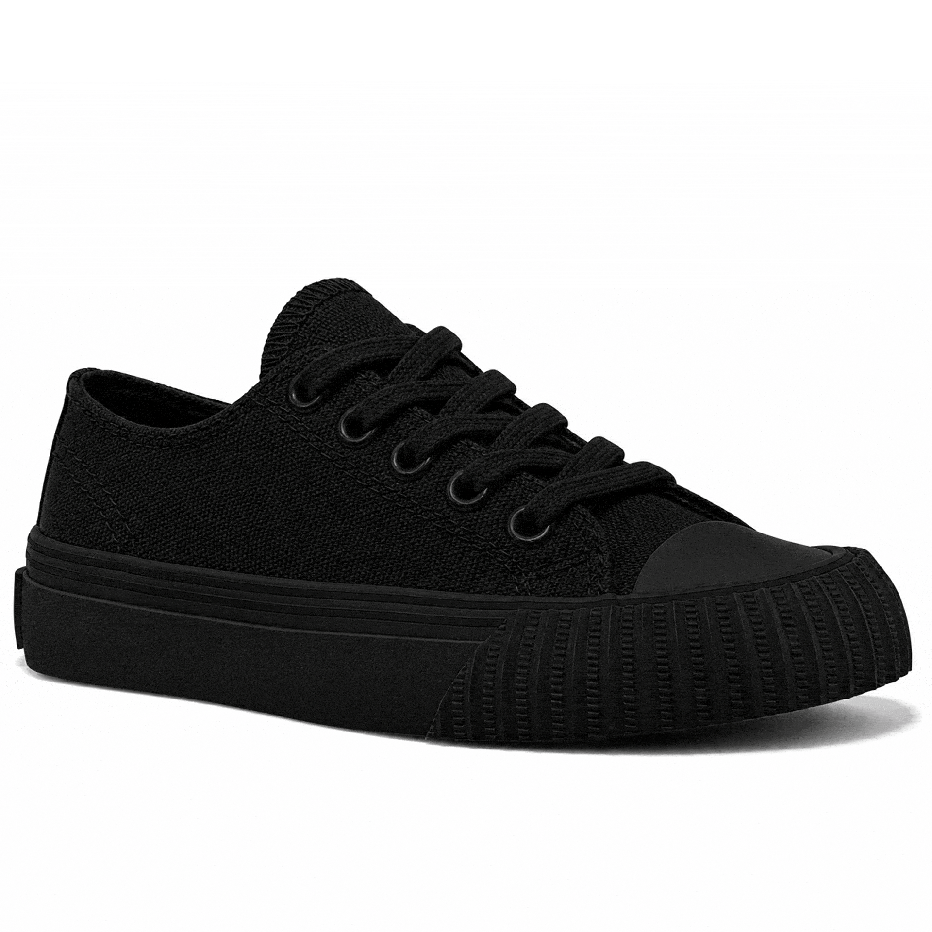 Rotating gif showing different angles of a kids' black low-top sneaker.