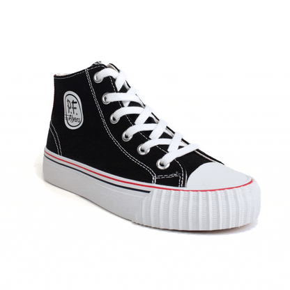 Rotating gif showing different angles of a kids' black high-top sneaker with white midsoles and red accents.