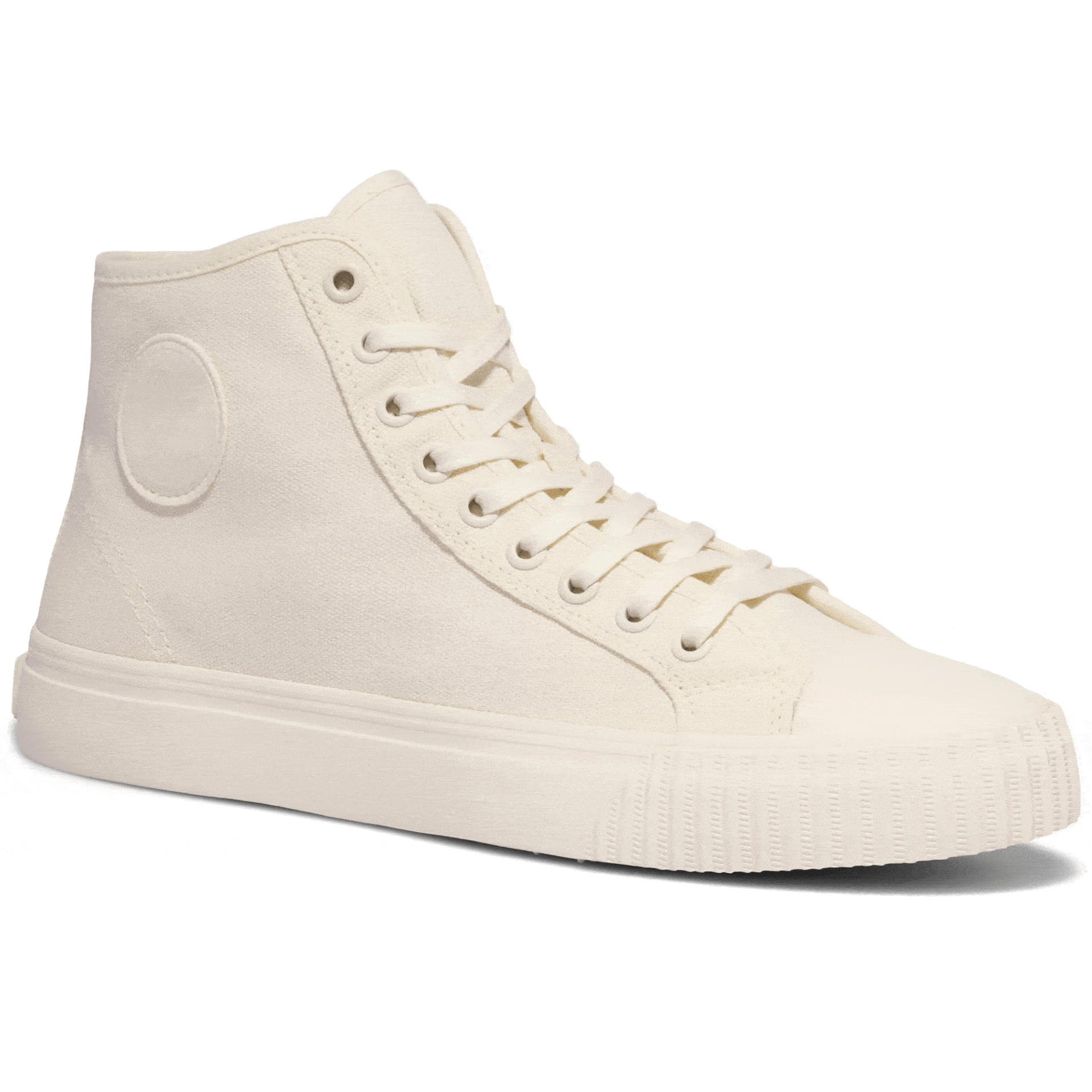 Rotating gif showing different angles of a white high-top sneaker.