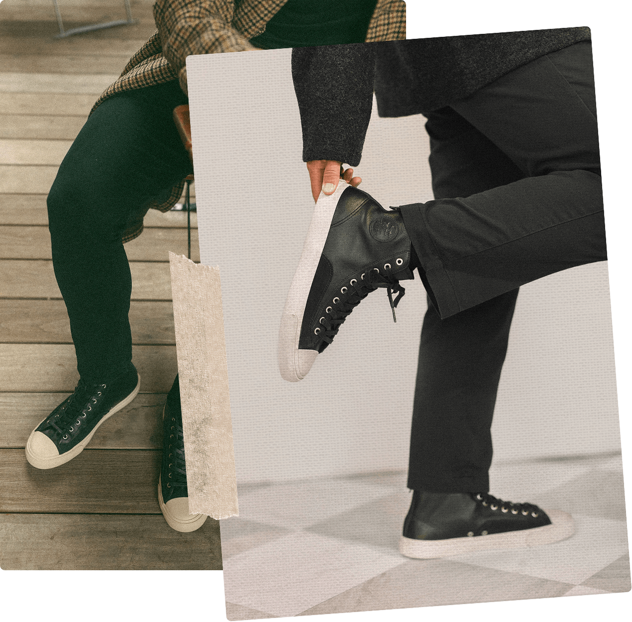 Person wearing black high-top sneakers on a wooden floor and black high-top sneakers on a checkered floor.