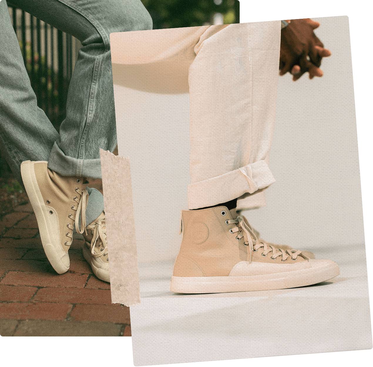 Beige high-top sneakers worn with light-colored pants on a white background