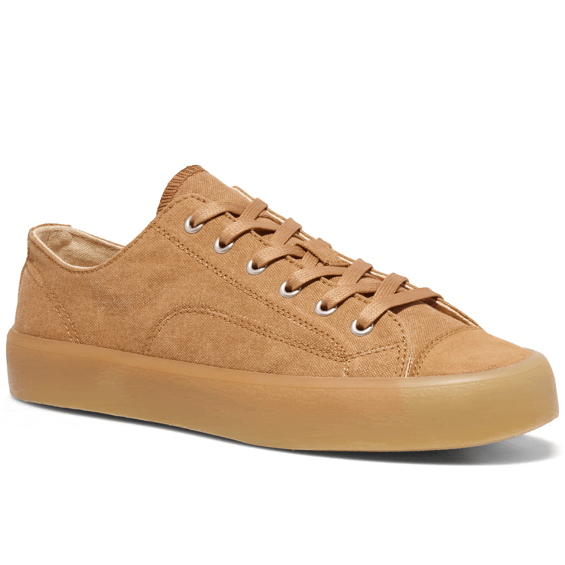 Tan low-top sneaker rotating gif showing different angles of the sneaker.