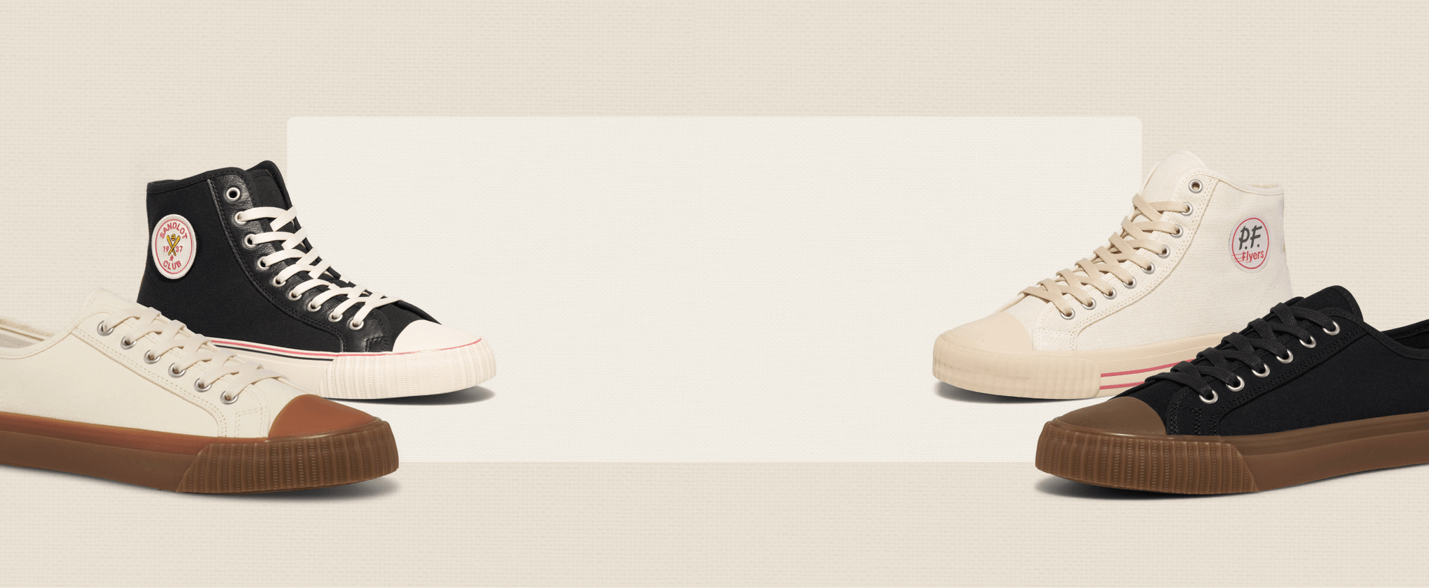 Four pairs of high-top sneakers in black, white, and brown on a light beige background.