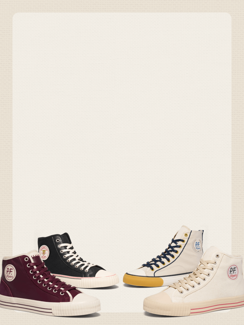 Four pairs of high-top sneakers in different colors on a light background