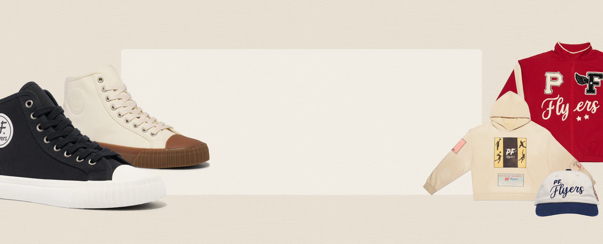 Pair of sneakers and a sweatshirt with 'Flyers' branding on a light background