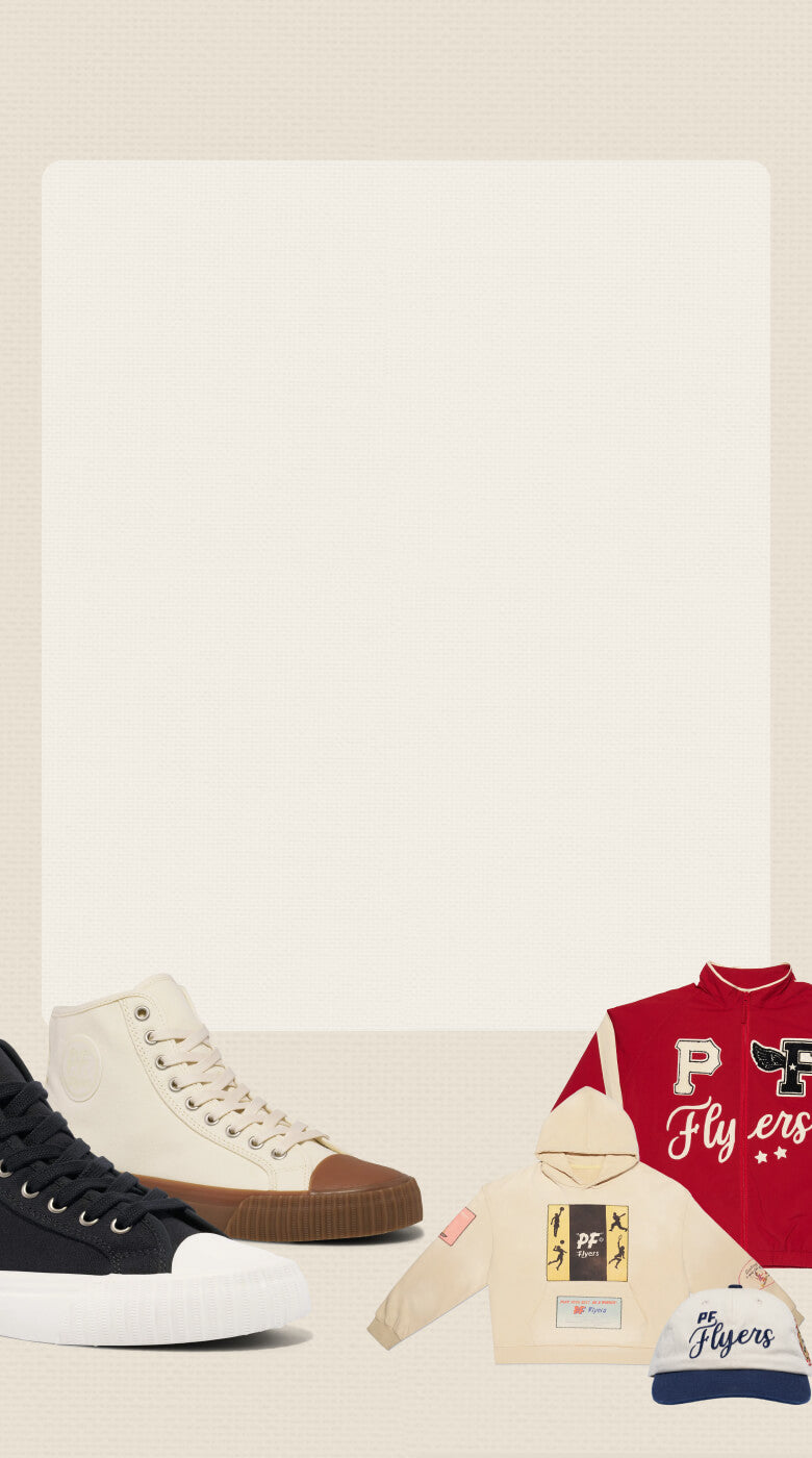 Collection of sneakers, sweatshirt, and cap on a light beige background