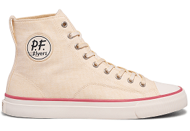 Beige high-top sneaker with red accent on a white background.