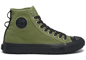 Green high-top sneaker with black sole on a white background.