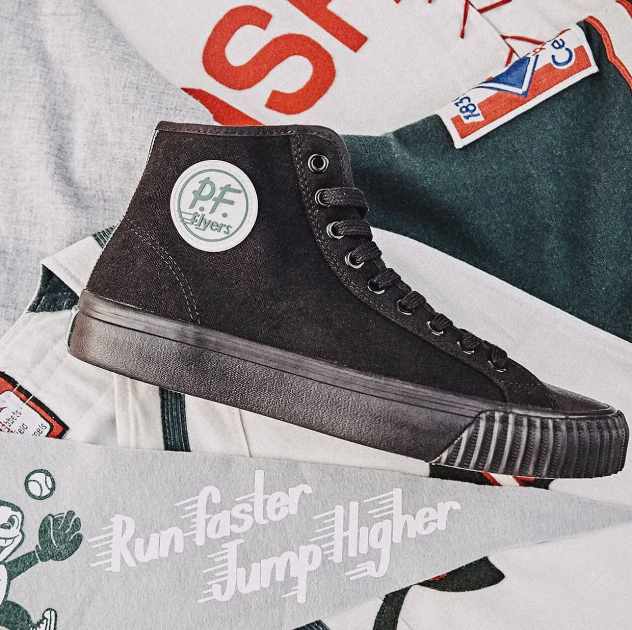 PF Flyers Sneaker with the quote "Run faster, jump higher"