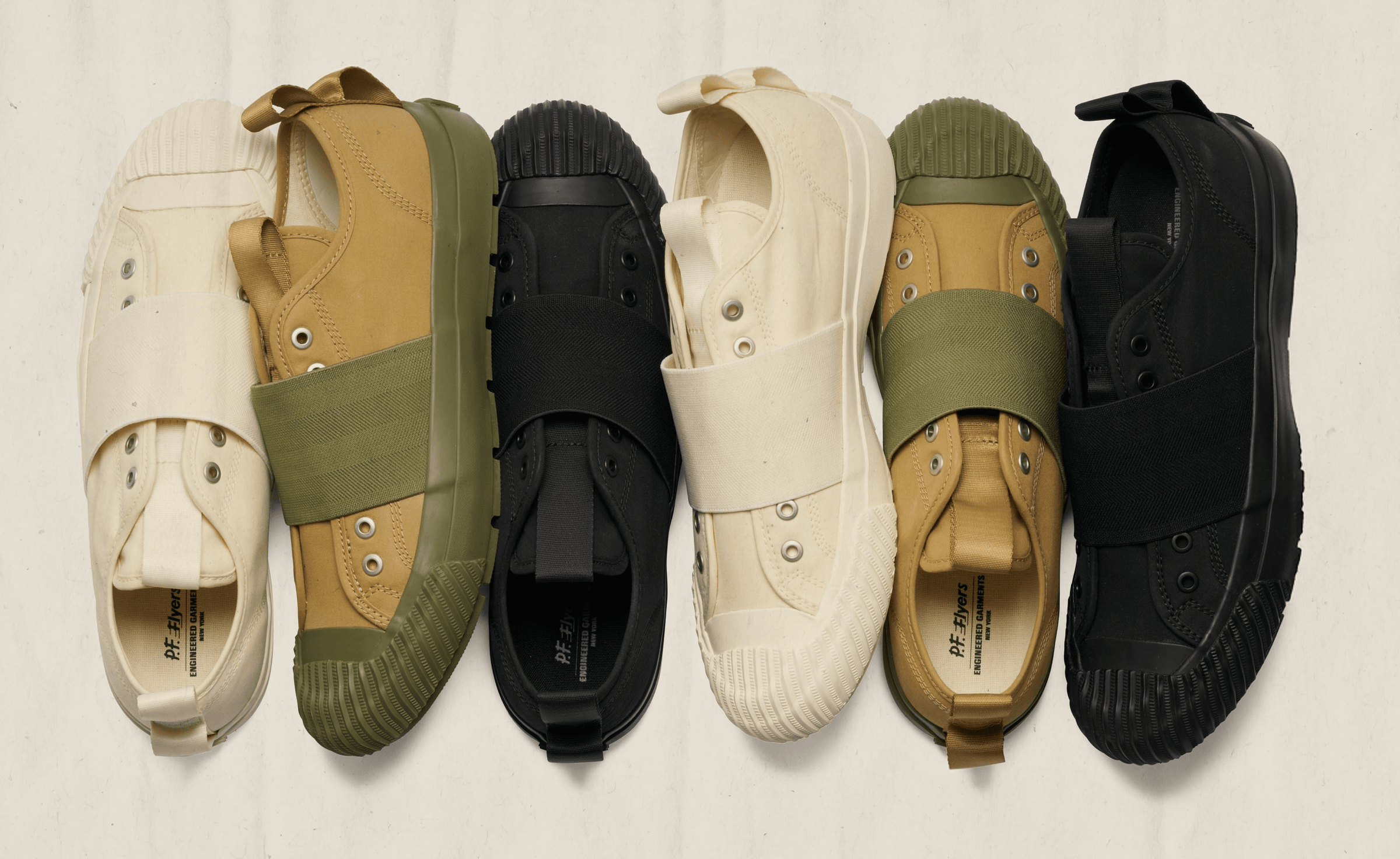 Set of six shoes in various colors including beige, brown, black, and green on a light background.