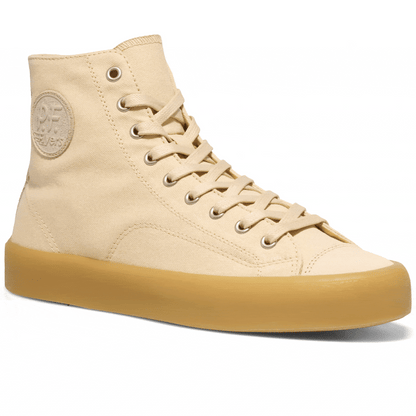 Beige high-top sneaker rotating gif showing different angles of the sneaker.